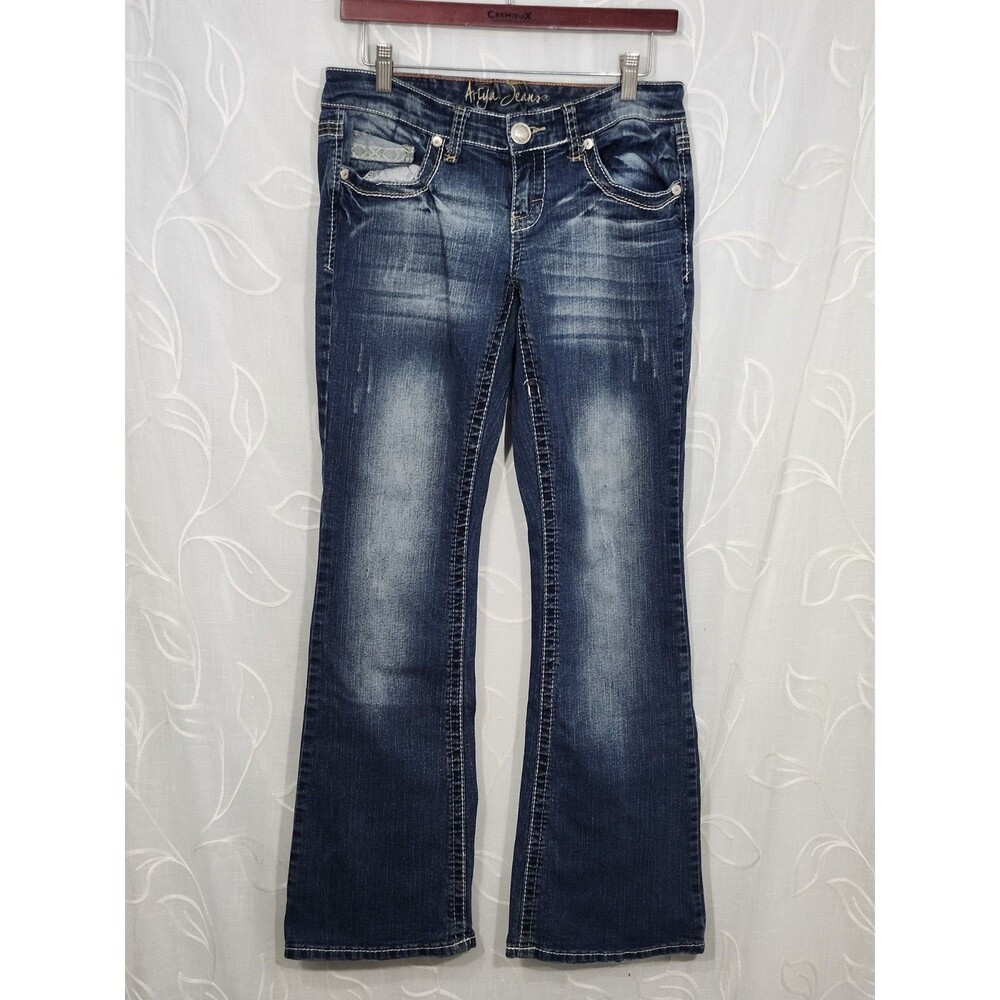 Ariya Jeans Womens 7/8 Blue Denim Low Rise Bootcut Distressed Stretch Stitch